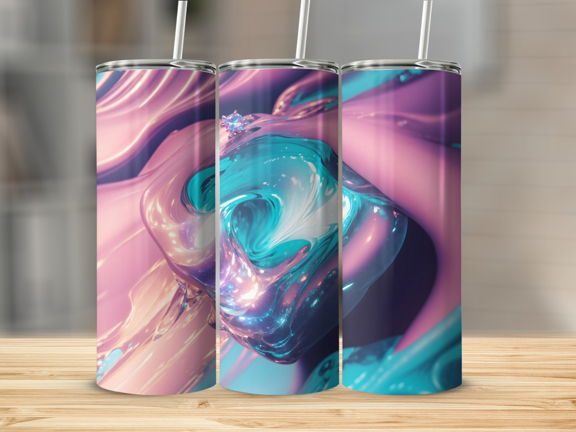 Three tumblers with abstract, swirling pink and teal iridescent designs.