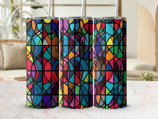 Three tumblers with a colorful stained-glass geometric pattern.