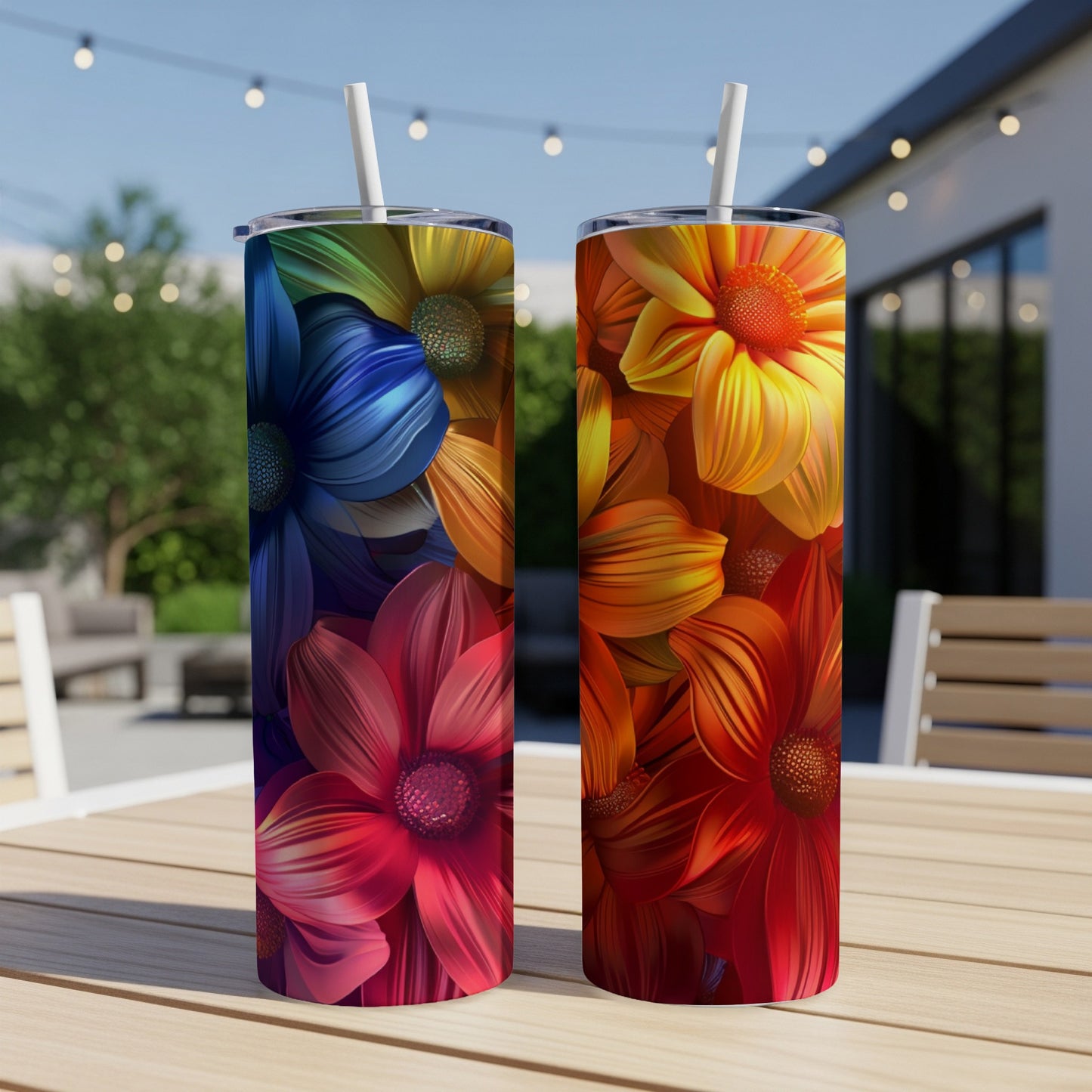 Two colorful tumblers with floral designs on a wooden table.