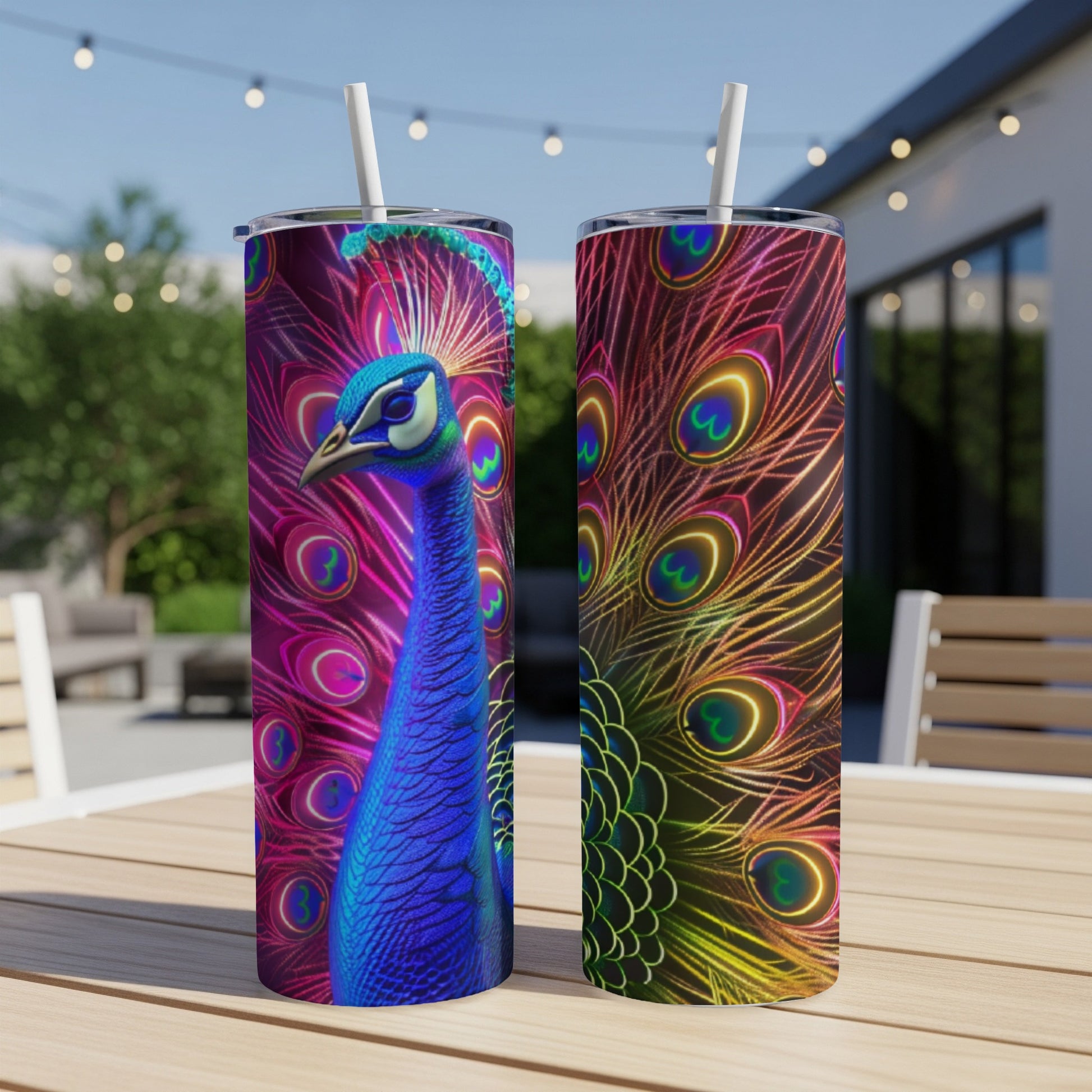 Two tumblers feature vibrant peacock feather designs.