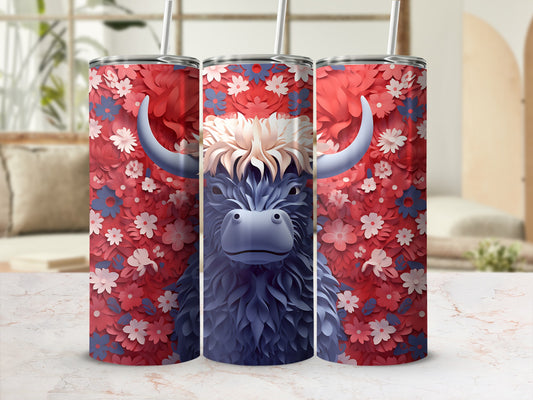 Three tumblers with a close-up of a blue Highland cow on a floral background.