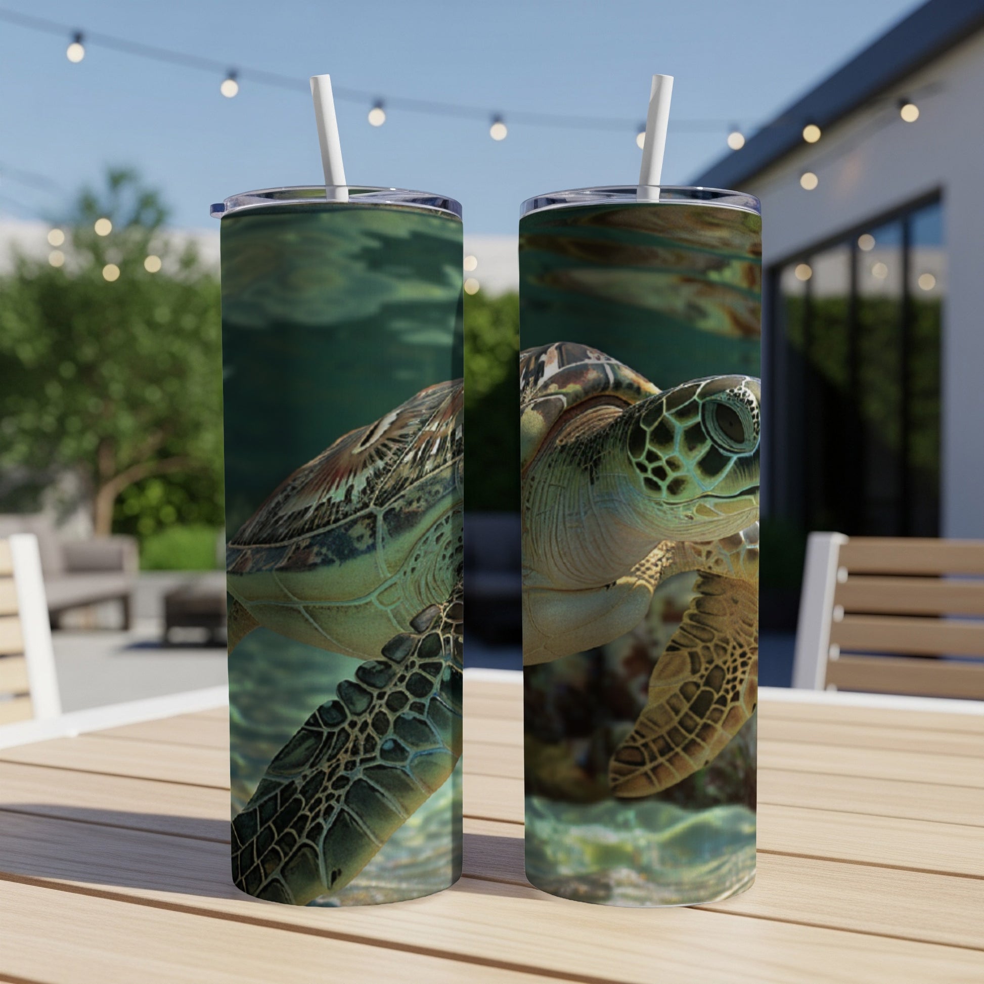Sea turtle underwater on a skinny tumbler, outdoor setting.