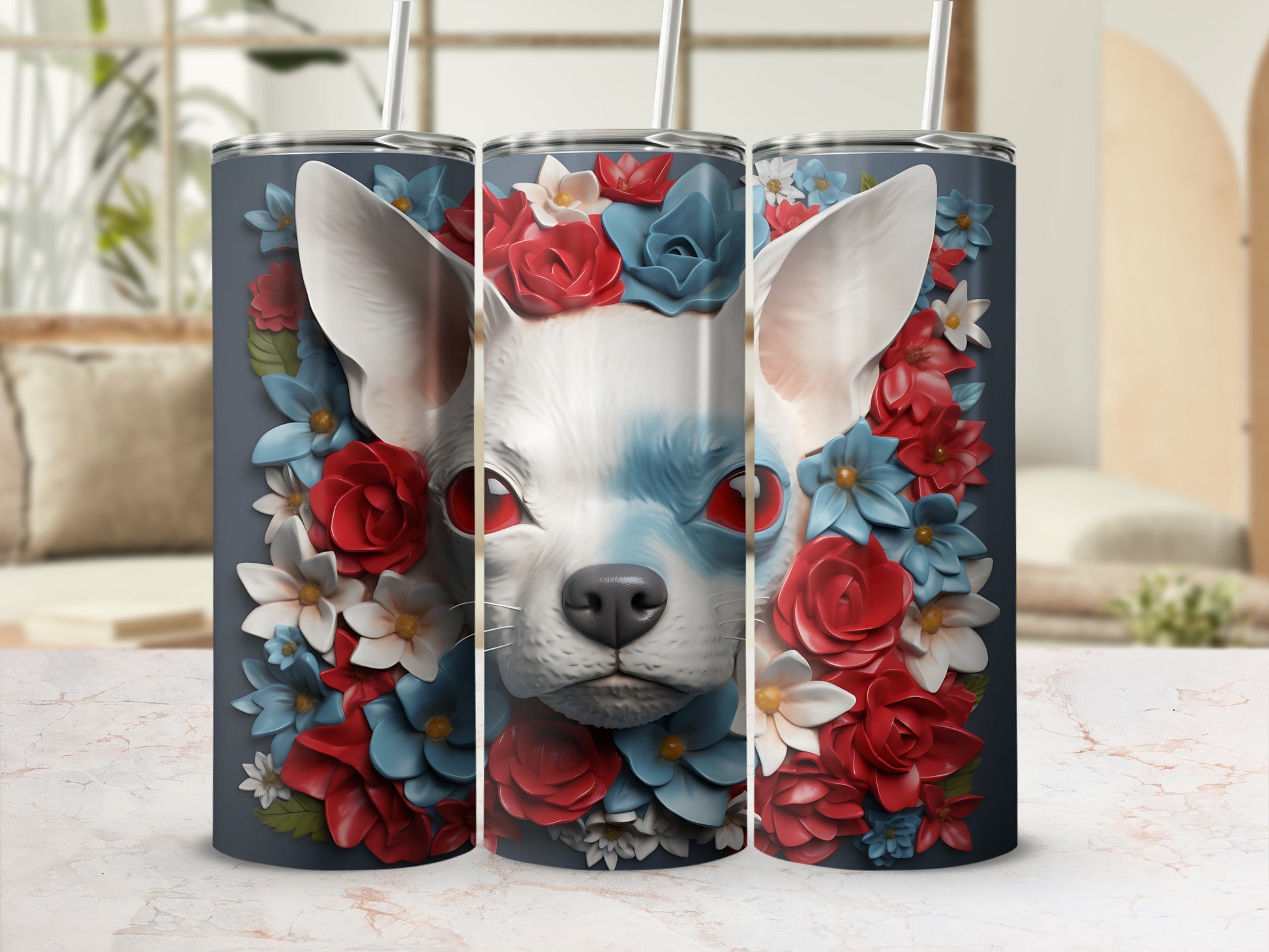 White dog with blue eyes surrounded by red and blue flowers.