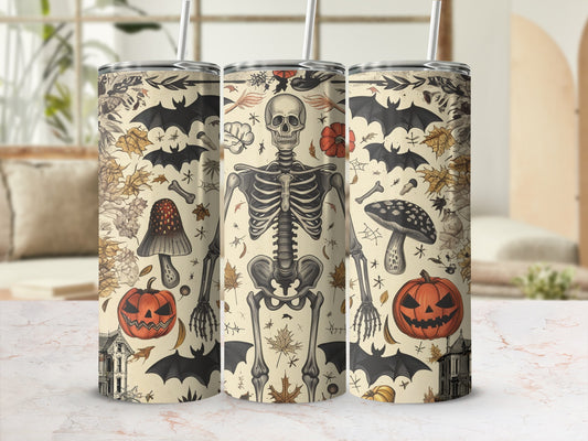 Skeleton, bats, pumpkins, mushrooms, and autumn leaves pattern on tumblers.
