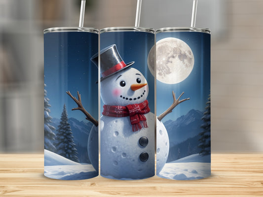 Three tumblers featuring a snowman with a hat and scarf against a winter moonlit landscape.
