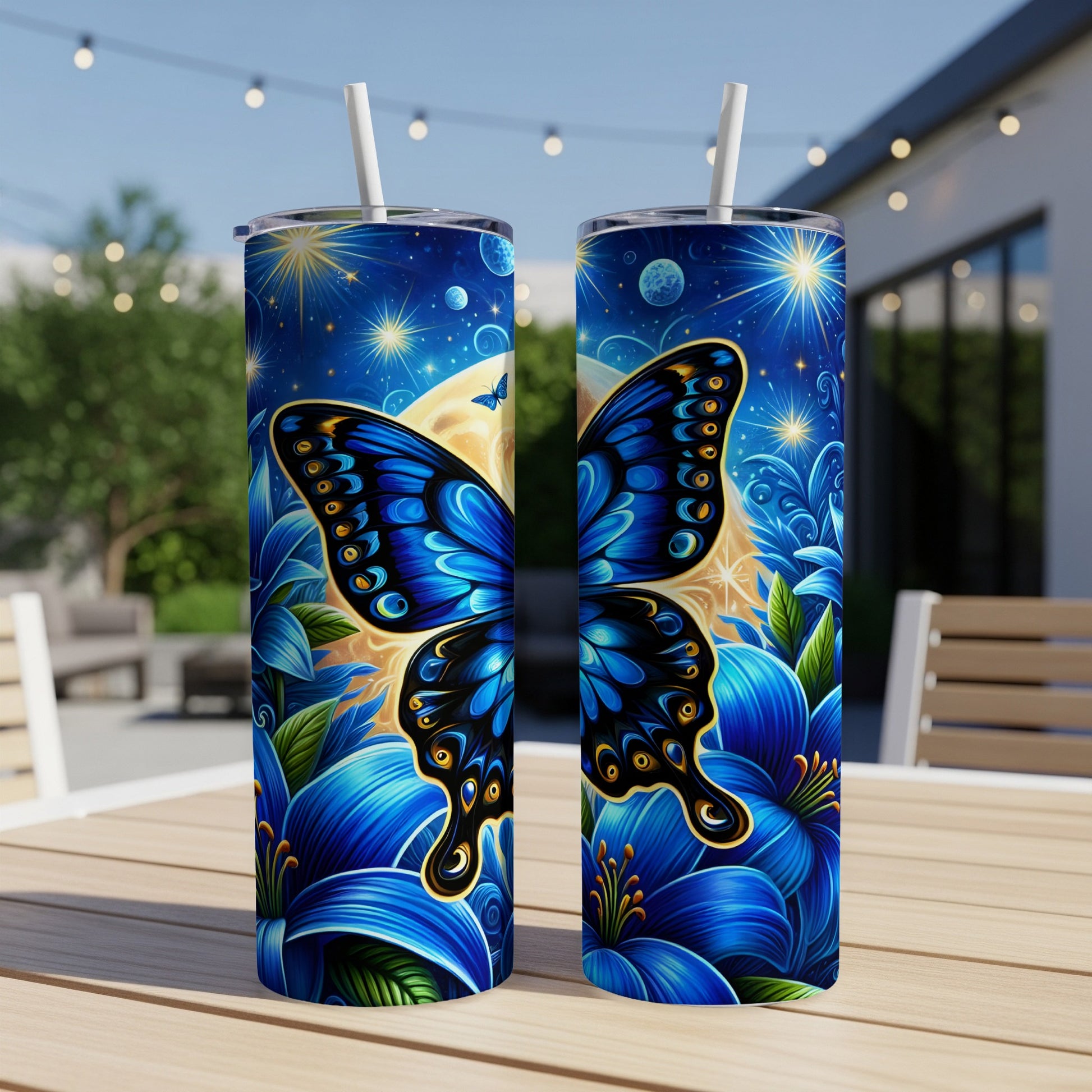 Two tall tumblers with a blue butterfly and celestial blue flowers design.