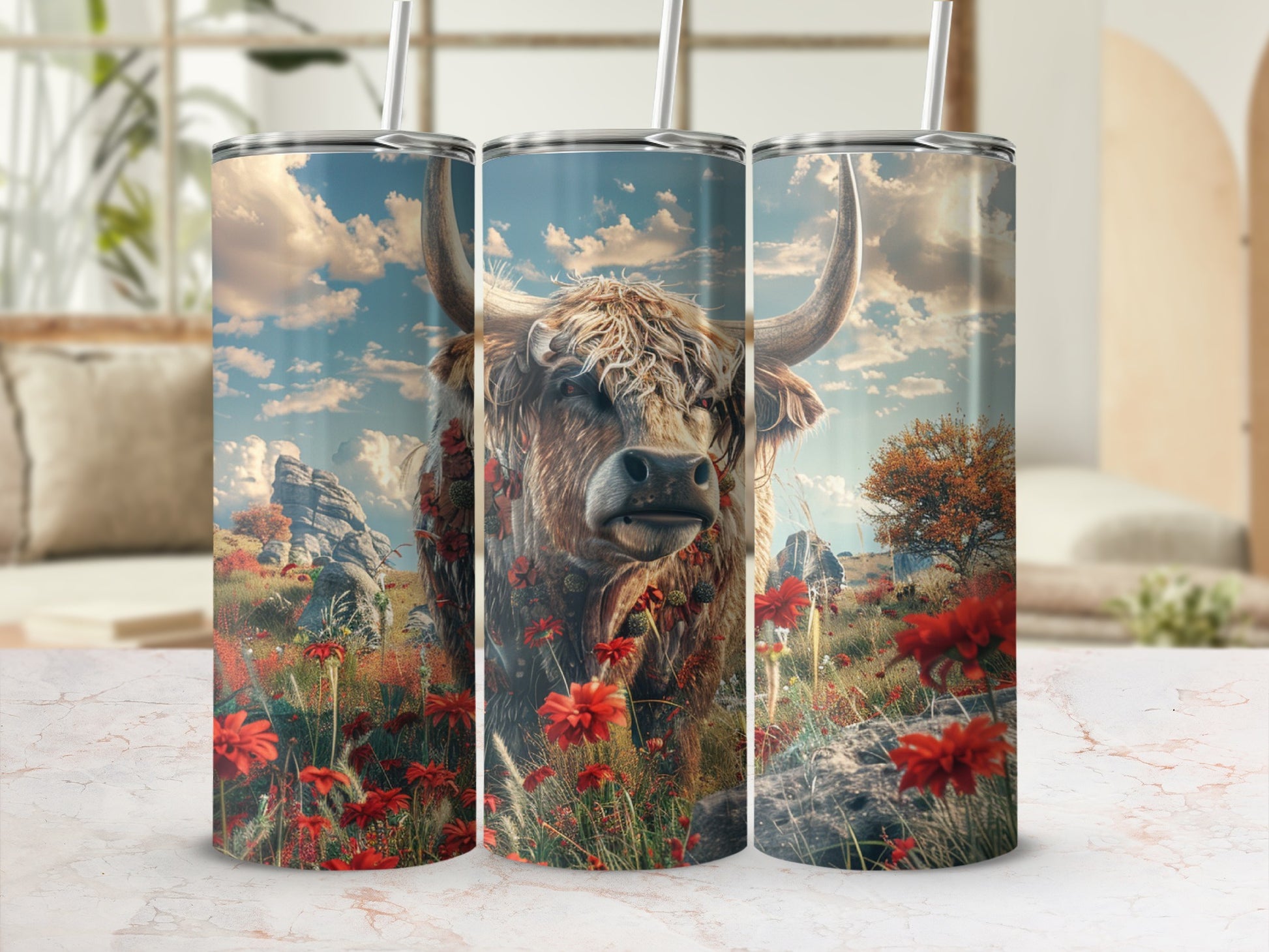 Highland cow portrait in field of red flowers under dramatic sky.
