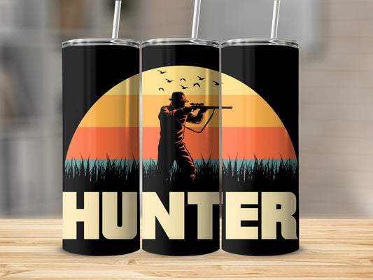 Hunter Silhouette with Rifle and Sunset Design Tumbler