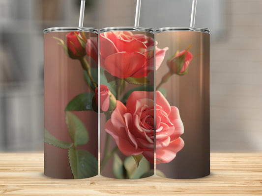 Three tall tumblers featuring detailed illustrations of pink roses on a wooden surface.