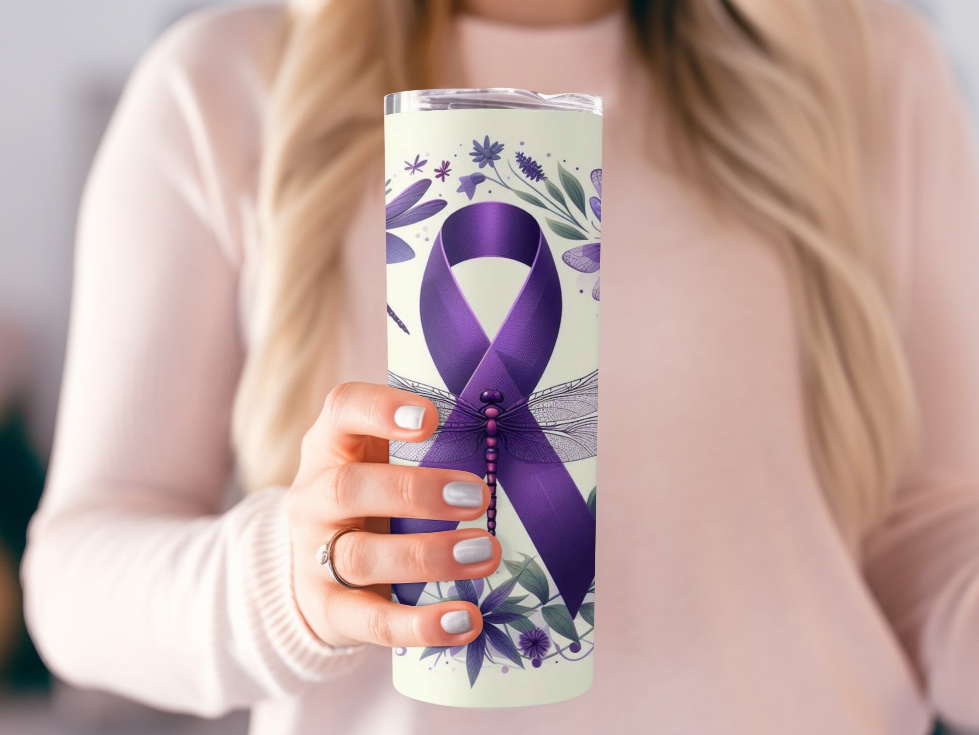 Purple Ribbon and Dragonfly Design Tumbler