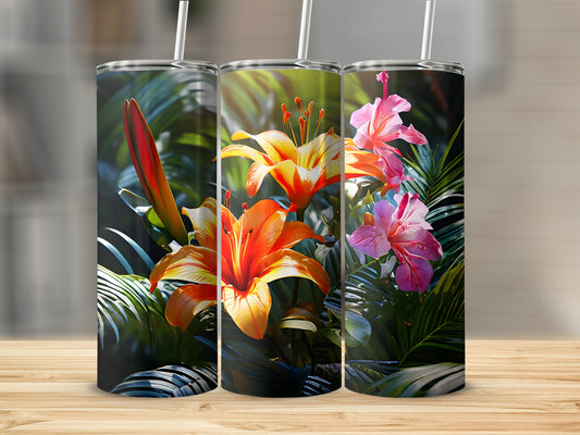 Three tumblers featuring orange and pink lilies and tropical foliage.