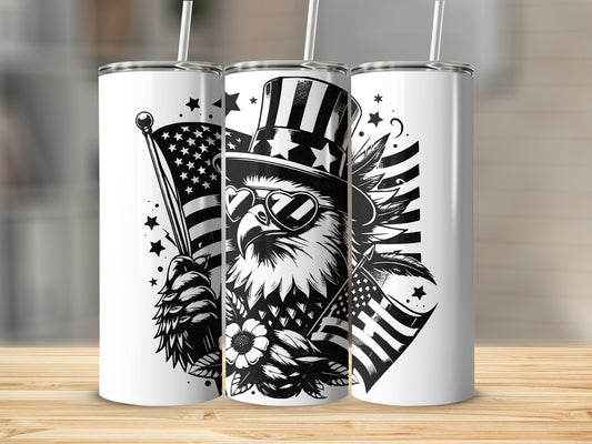 Eagle wearing top hat and sunglasses holding American flag.