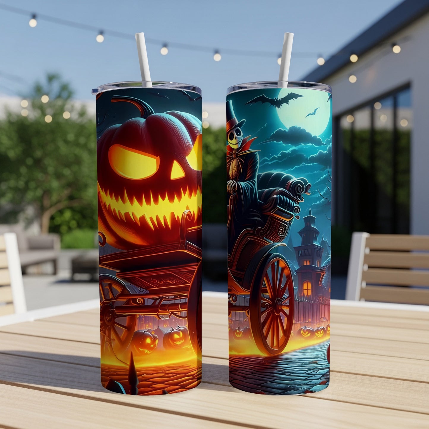 Two tumblers with Halloween artwork, featuring a jack-o'-lantern and a skeleton in a carriage.