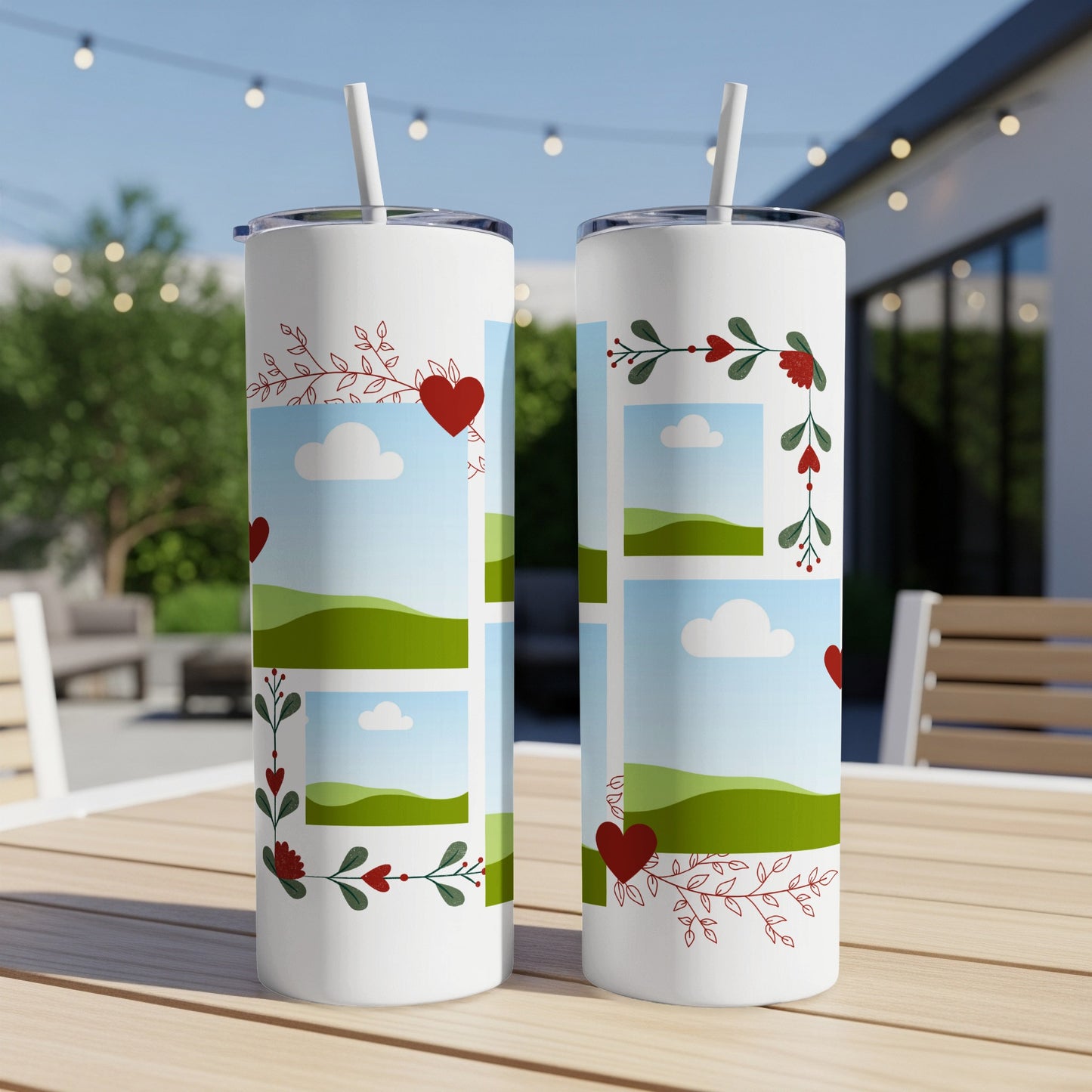 Two white tumblers with straw, featuring photo frames, hearts, and floral designs.
