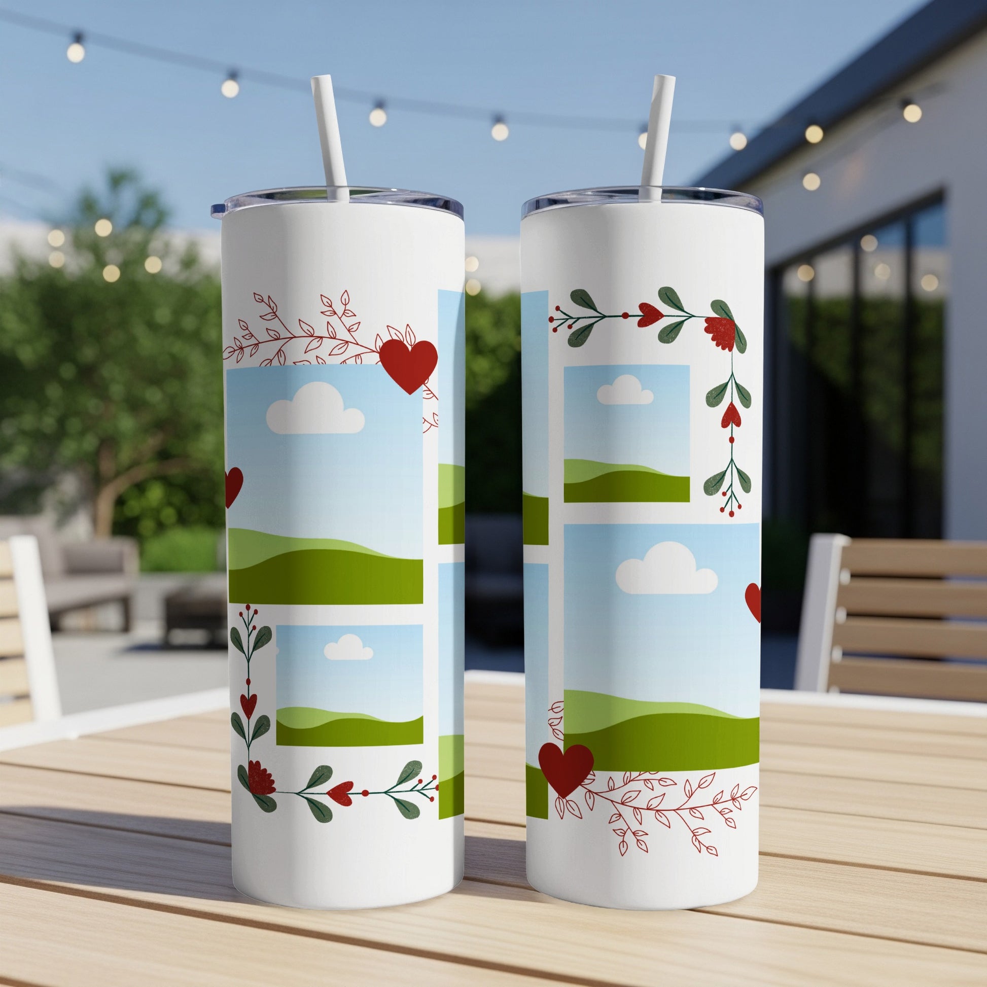 Two white tumblers with straw, featuring photo frames, hearts, and floral designs.