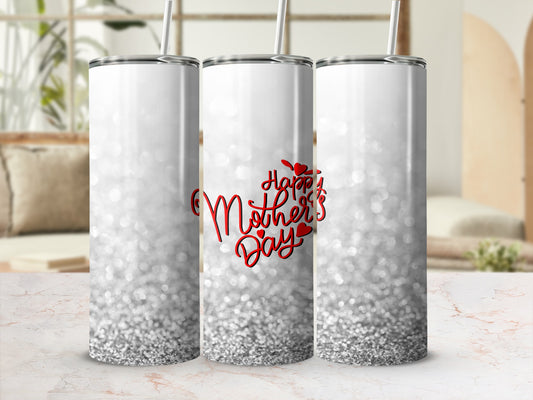 Three glittery tumblers with "Happy Mother's Day" text in cursive.