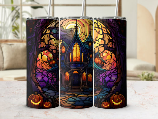 Spooky haunted house with pumpkins and stained-glass style background.