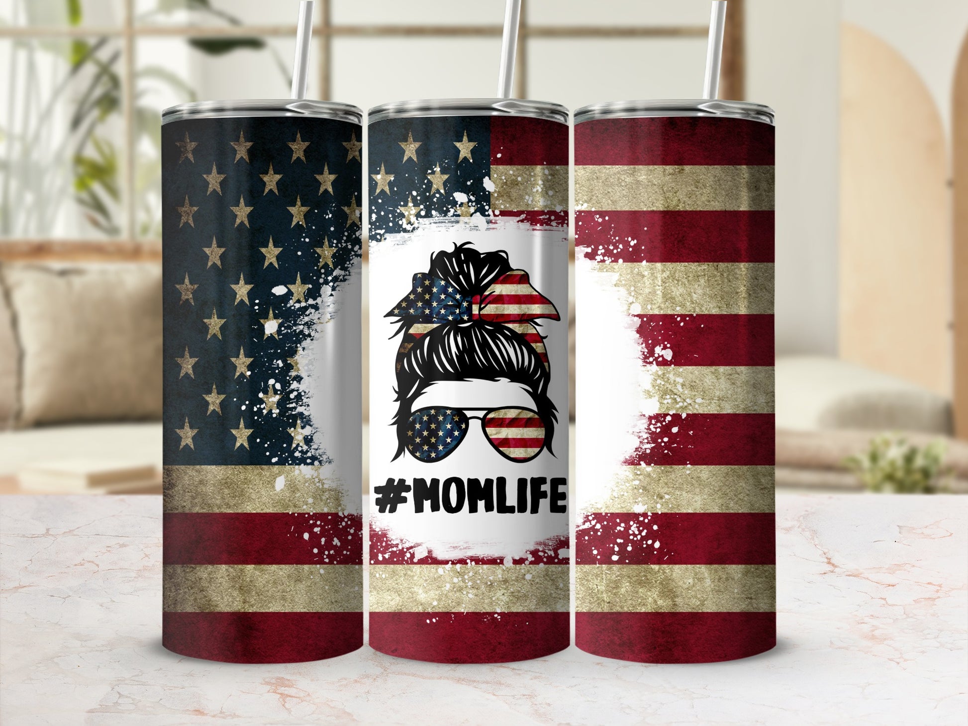 Triptych of tumblers with distressed American flag and #MOMLIFE design.