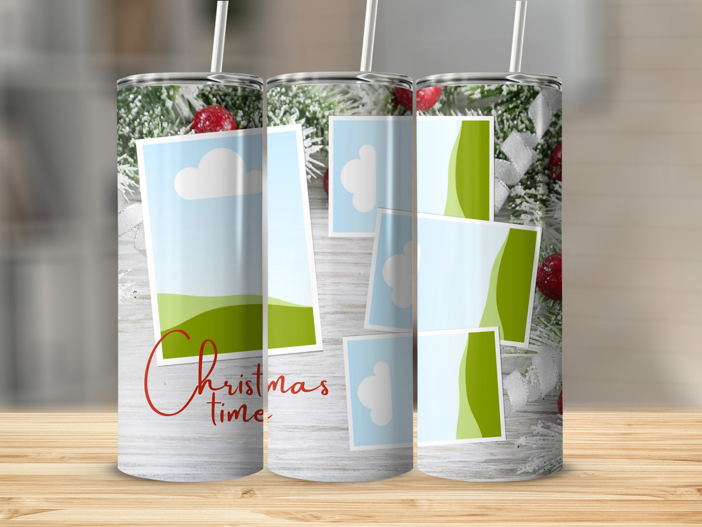 Three tumblers with Christmas greenery, berries, and photo frames featuring the text "Christmas time".