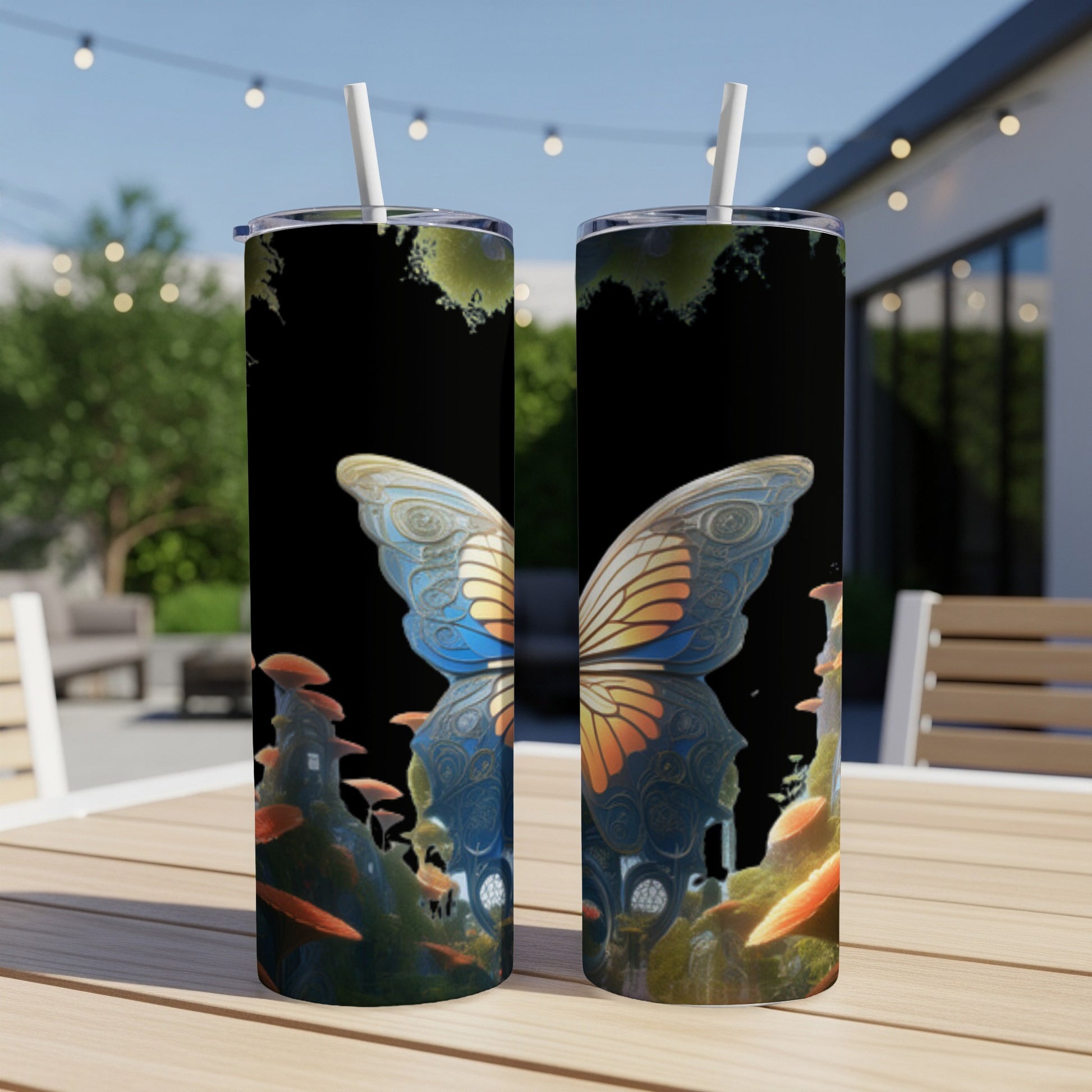 Two tumblers with butterfly wings and mushrooms against a dark, starry background.