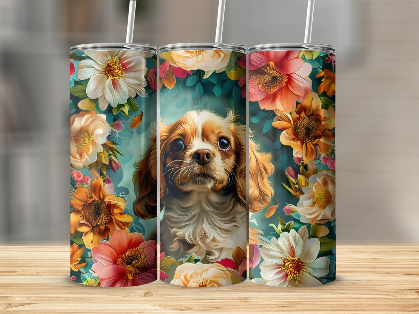 Three tumblers adorned with a Cavalier King Charles Spaniel surrounded by flowers.