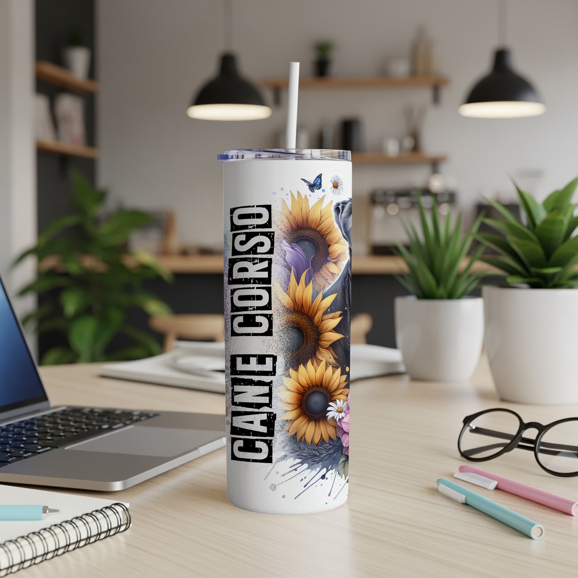 Cane Corso tumbler with sunflowers and a butterfly design.