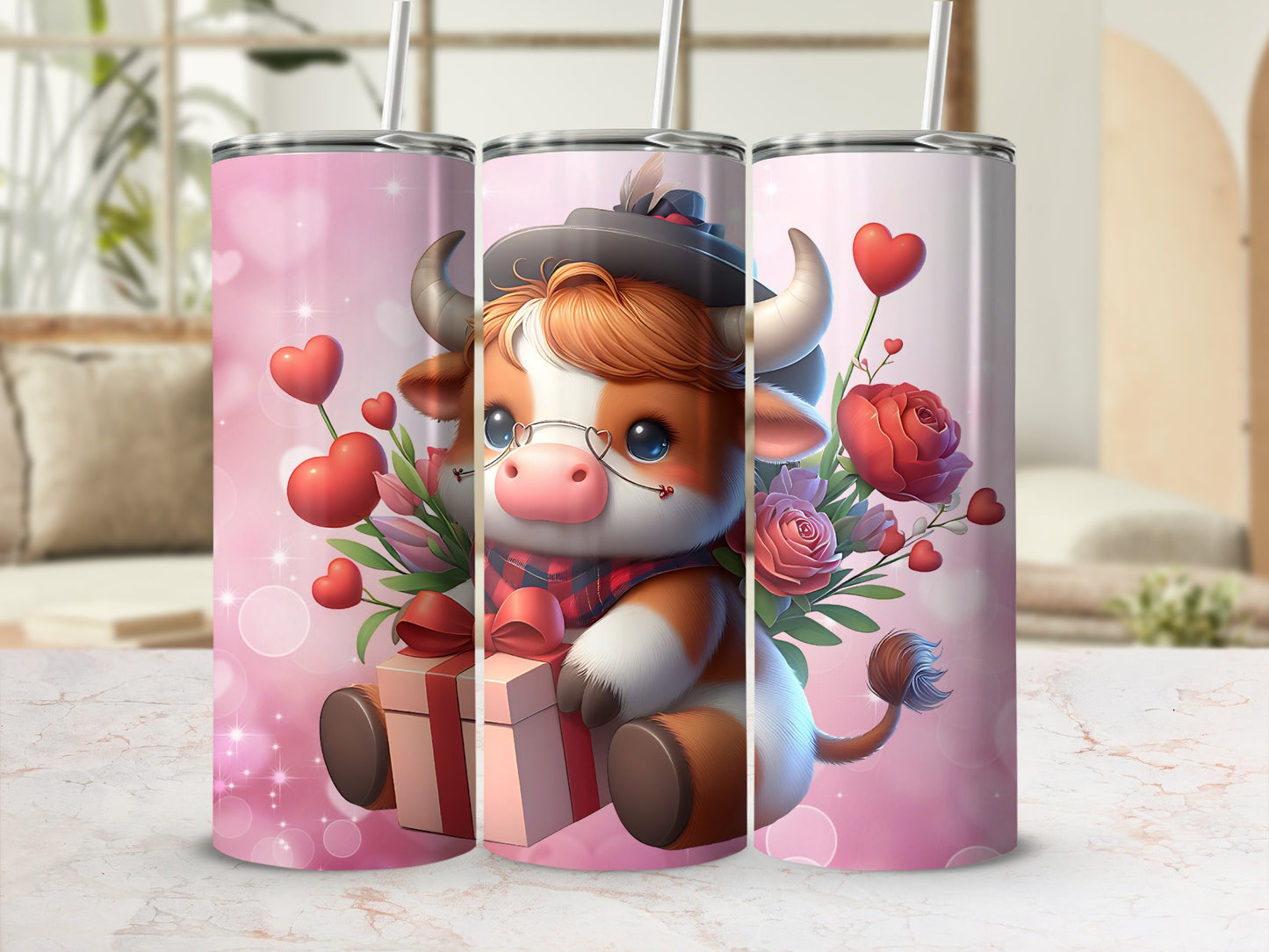 Cute Cow With Heart And Flowers Design Tumbler