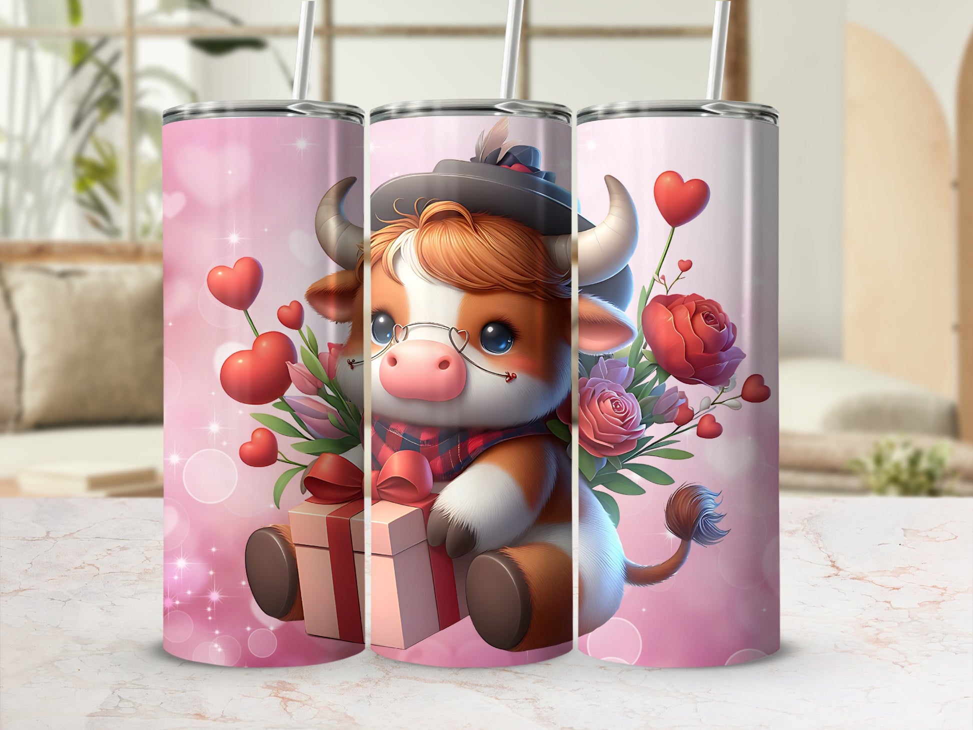 Cute Cow With Heart And Flowers Design Tumbler