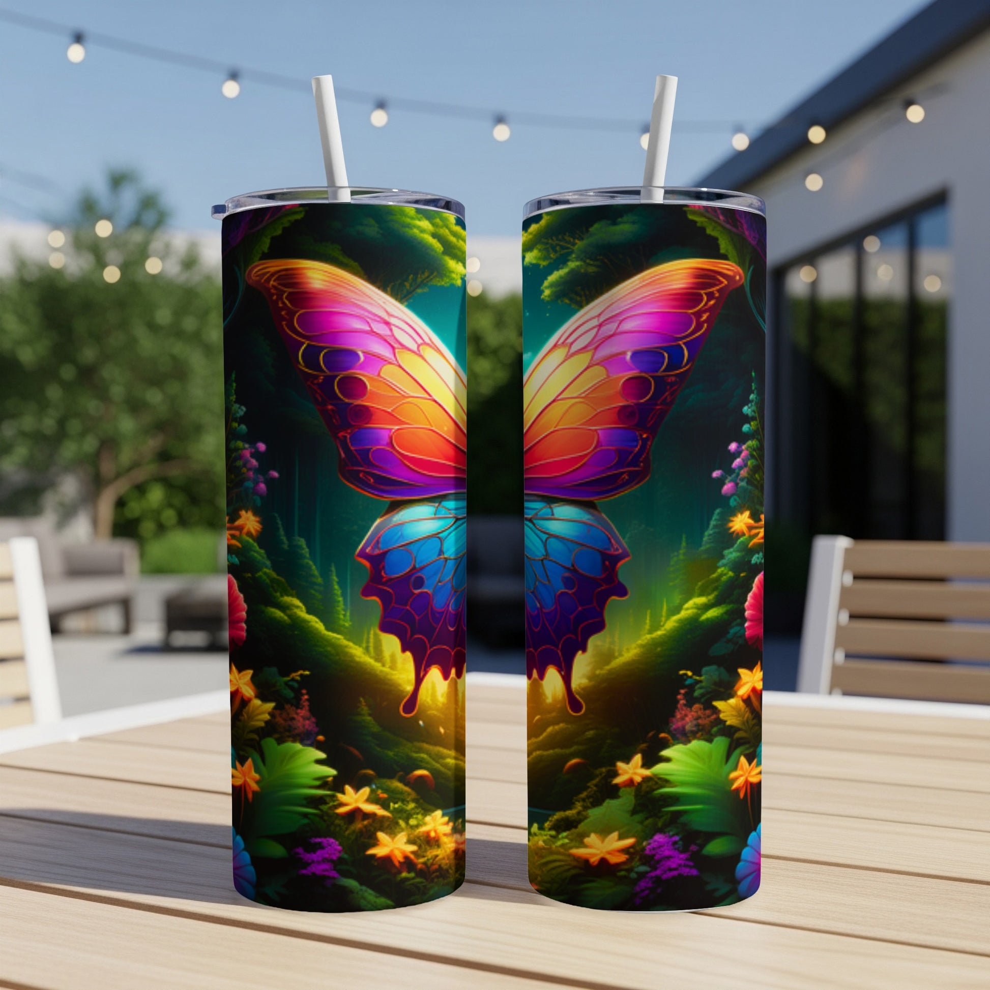 Two colorful butterfly tumblers with floral and forest background.