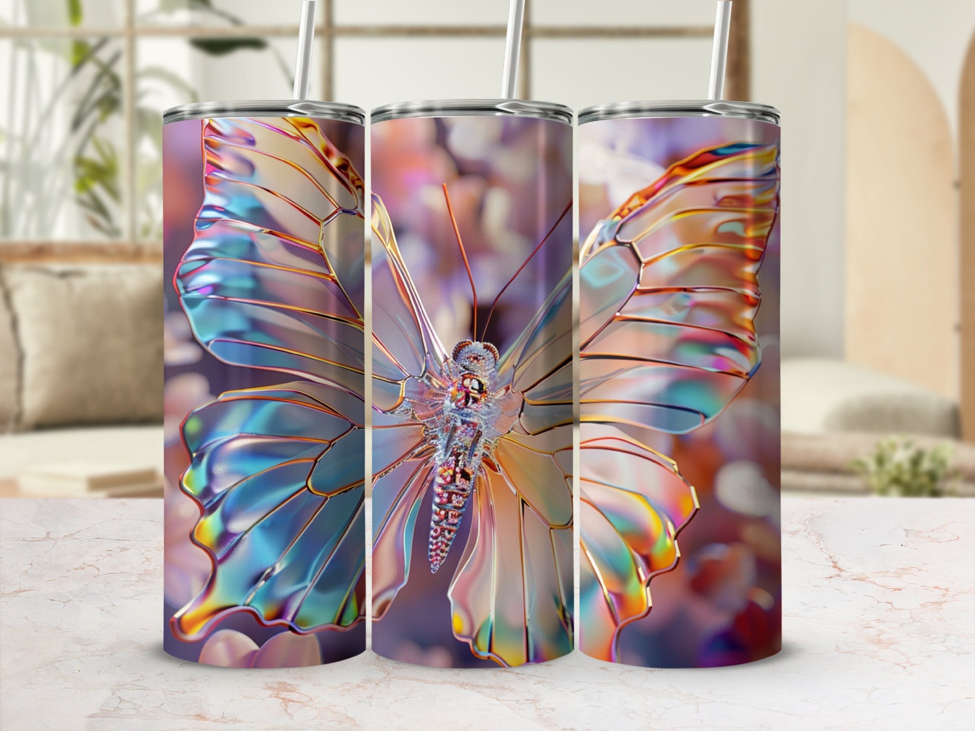Iridescent crystalline butterfly on a blurry floral background, displayed on three tumblers.