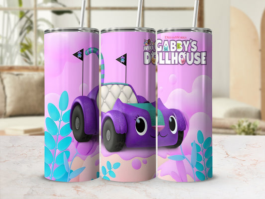 Gabby's Dollhouse purple cartoon car with pink and blue plants.