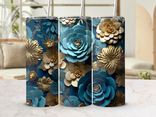 Three tumblers with blue and gold floral designs.