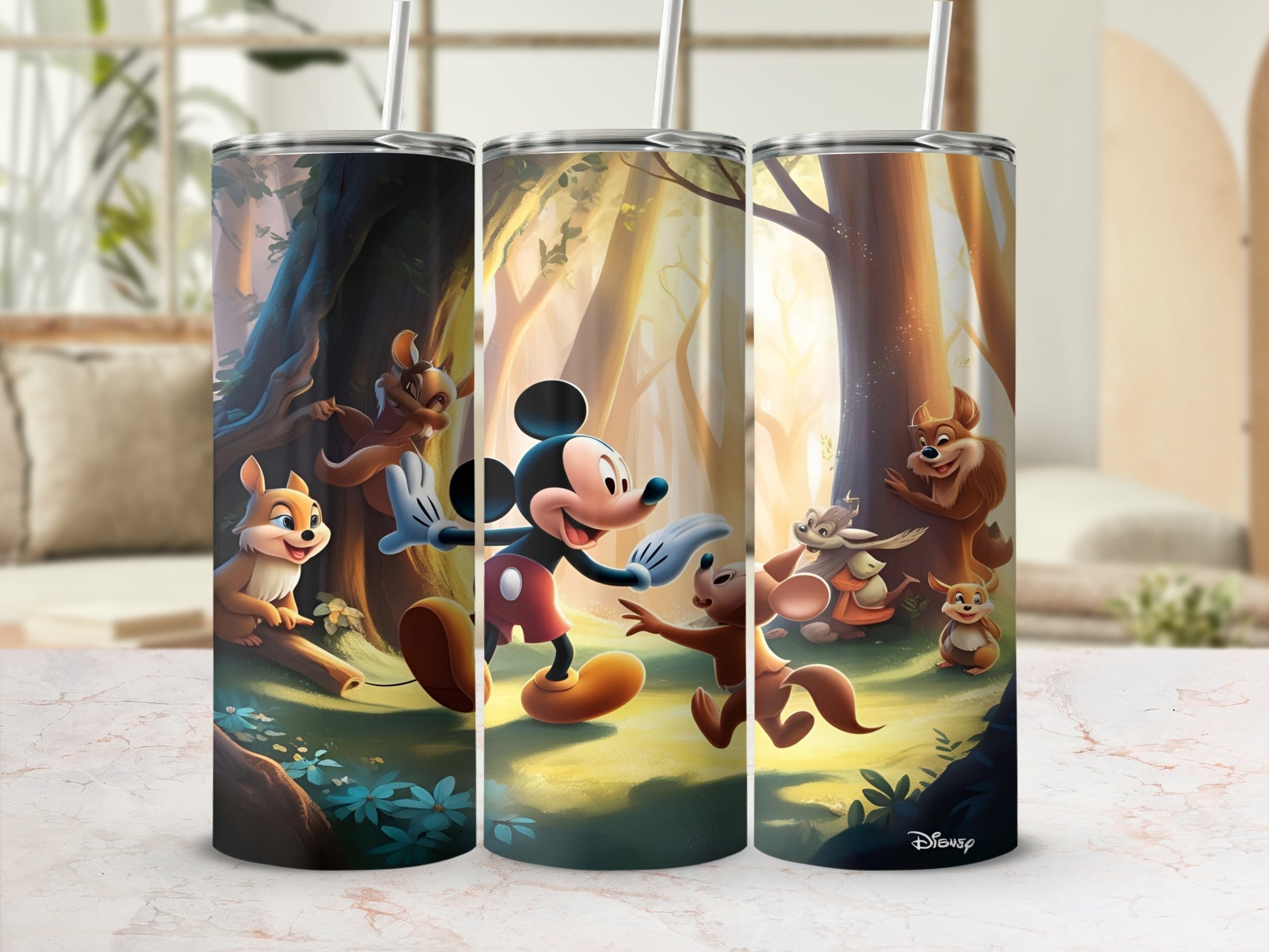 Mickey Mouse and woodland friends on a forest-themed tumbler.