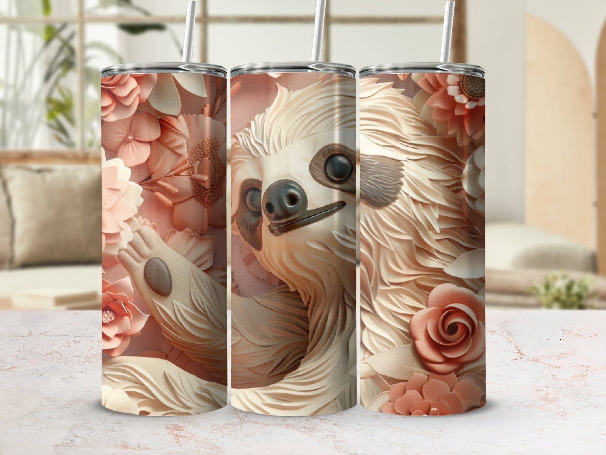 Sloth with floral pattern on a tumbler with a straw.