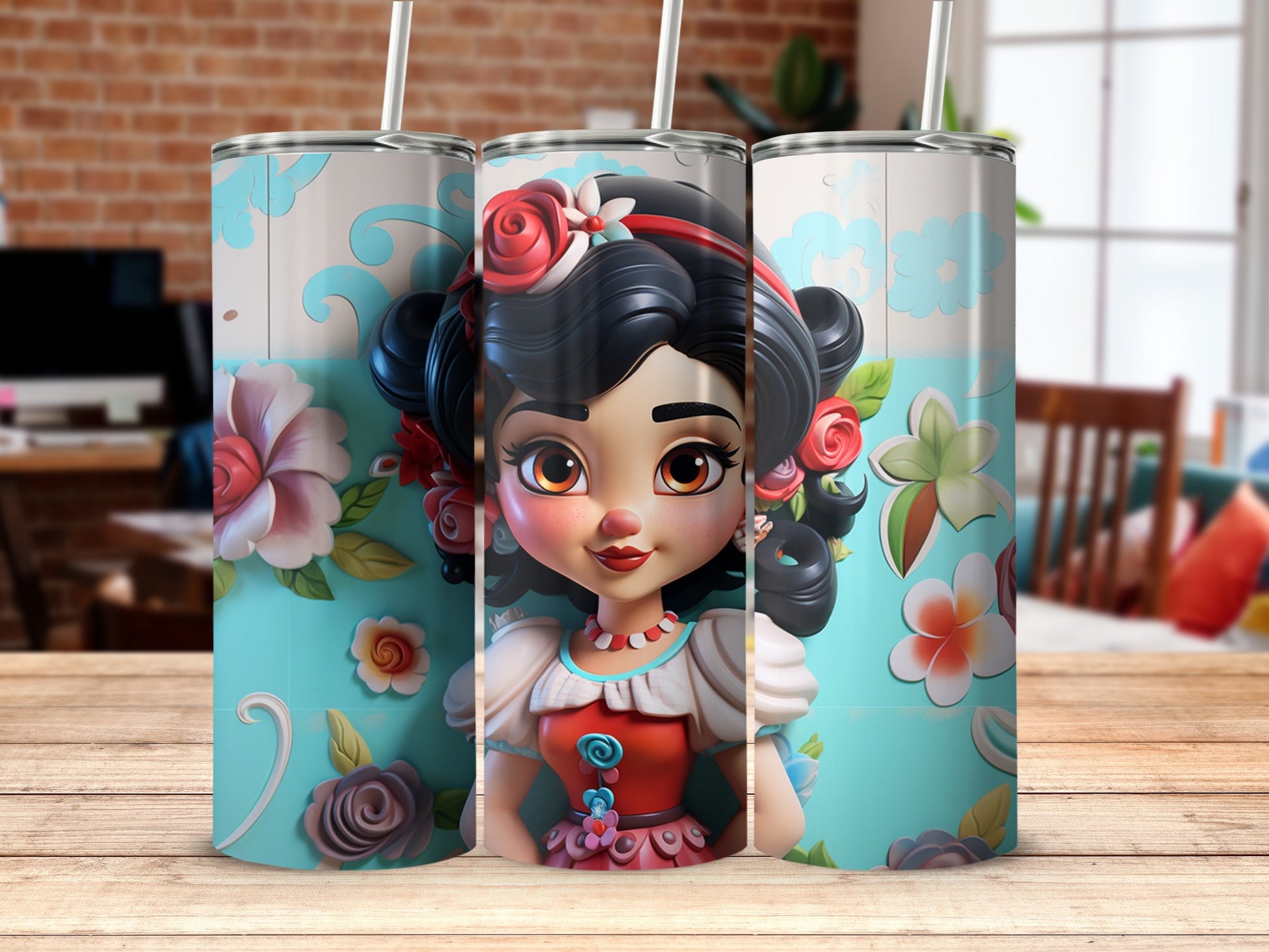 Cute Floral Princess Art Tumbler With Straw