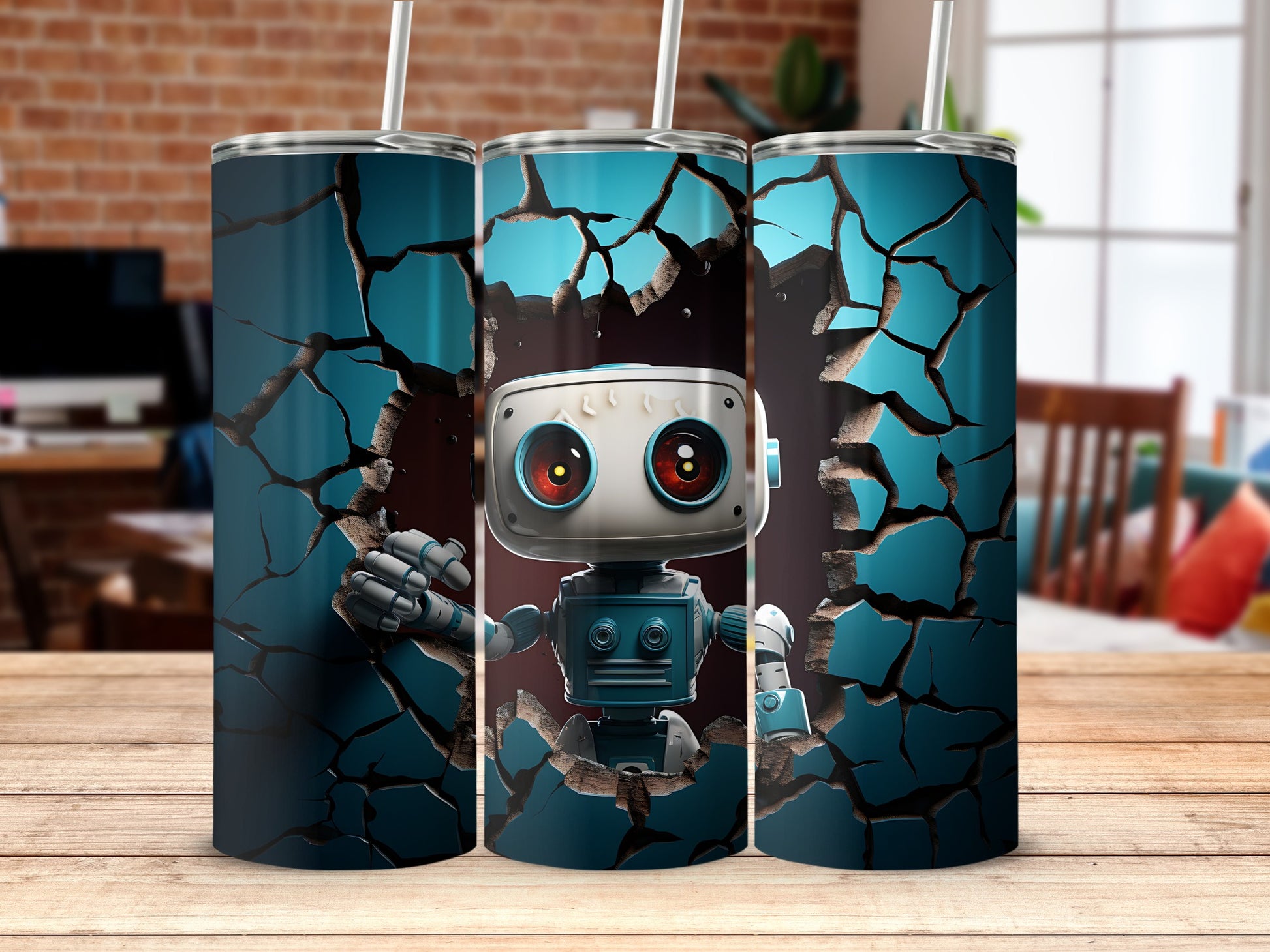 Quirky Robot Breaking Through Wall Design Tumbler