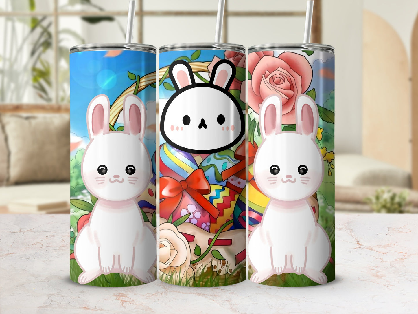 Colorful Easter Bunny and Flower Design Tumbler