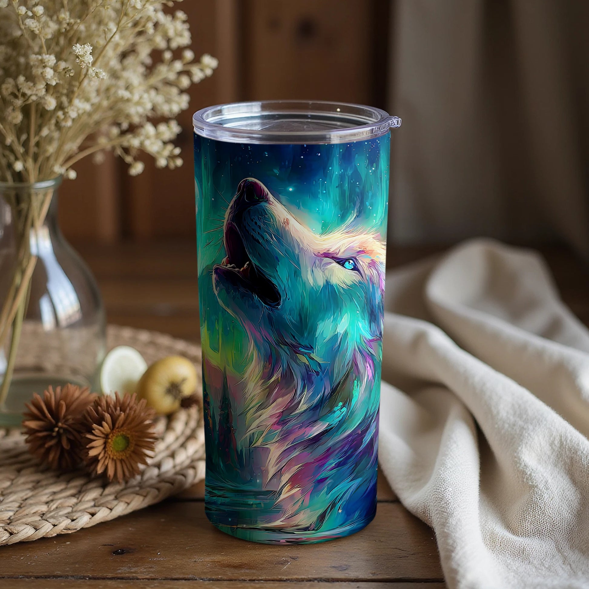 Vibrant Wolf Art Tumbler Features Stunning Design