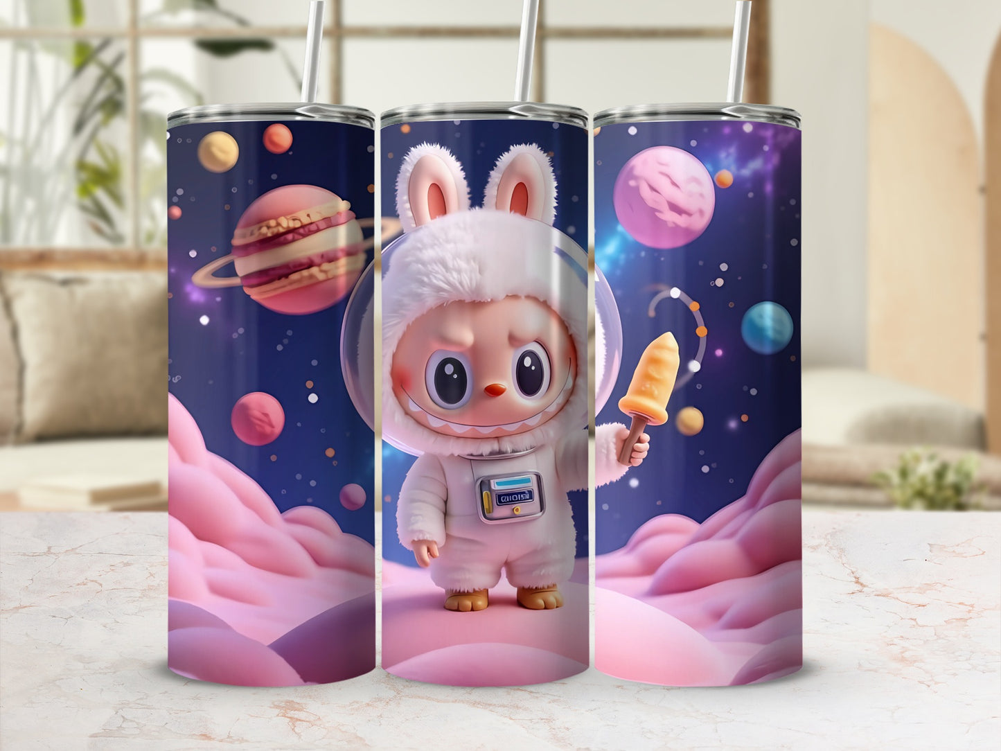 Cute Space Bunny and Planets Tumbler with Straw