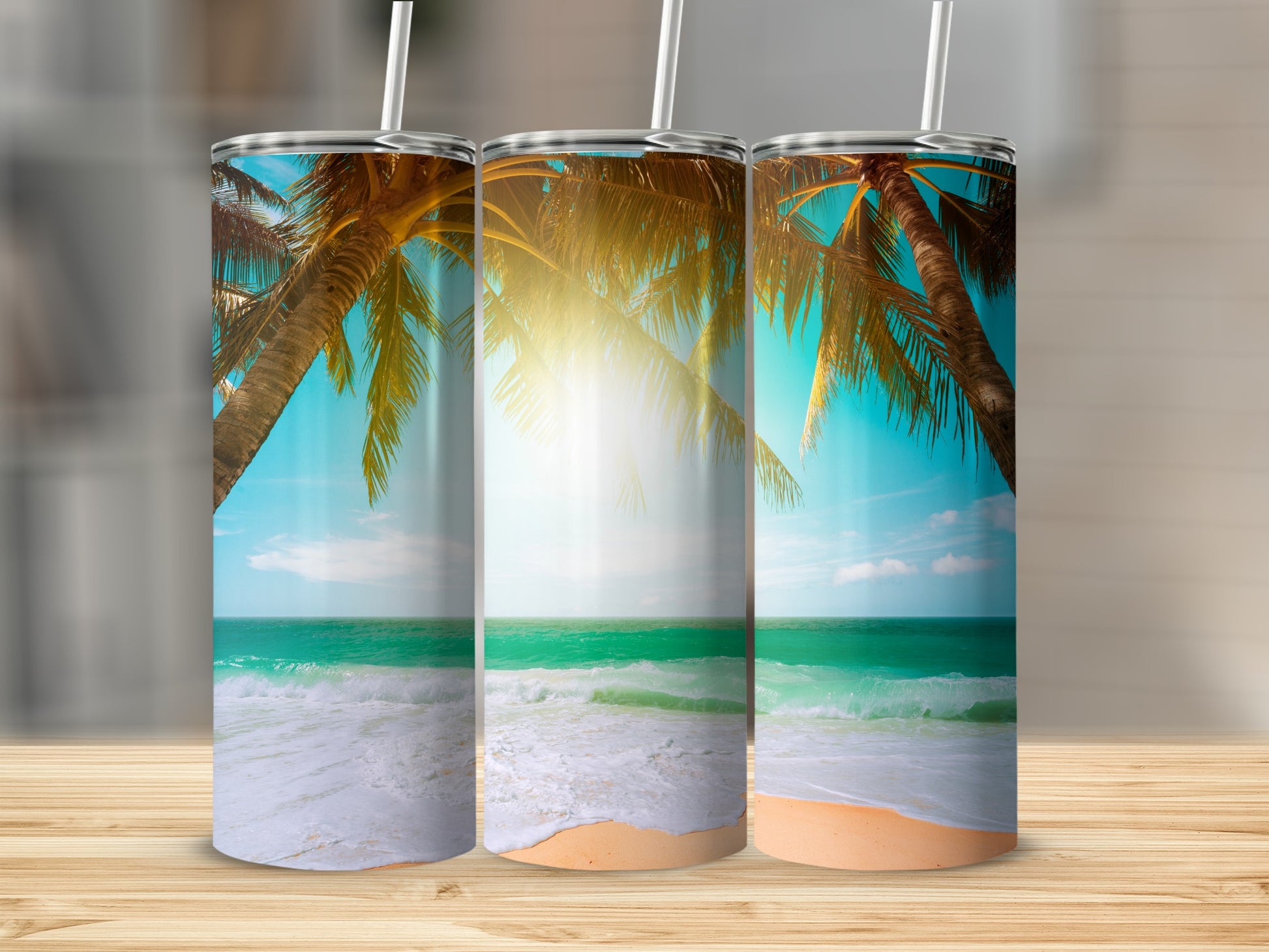 Tropical Beach Palm Trees Sunset Scene Tumbler