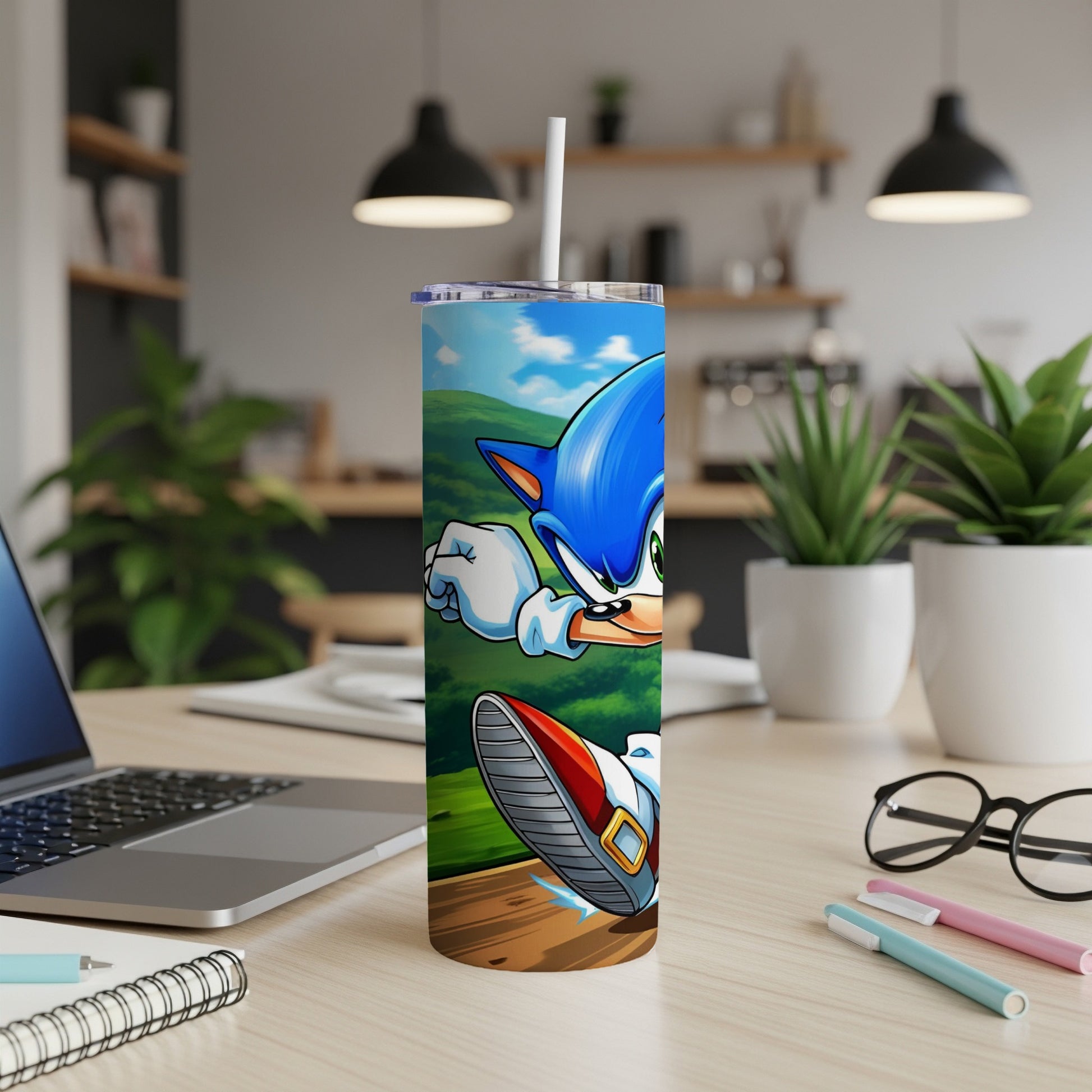 Sonic the Hedgehog running on a wooden plank against a blurred background.