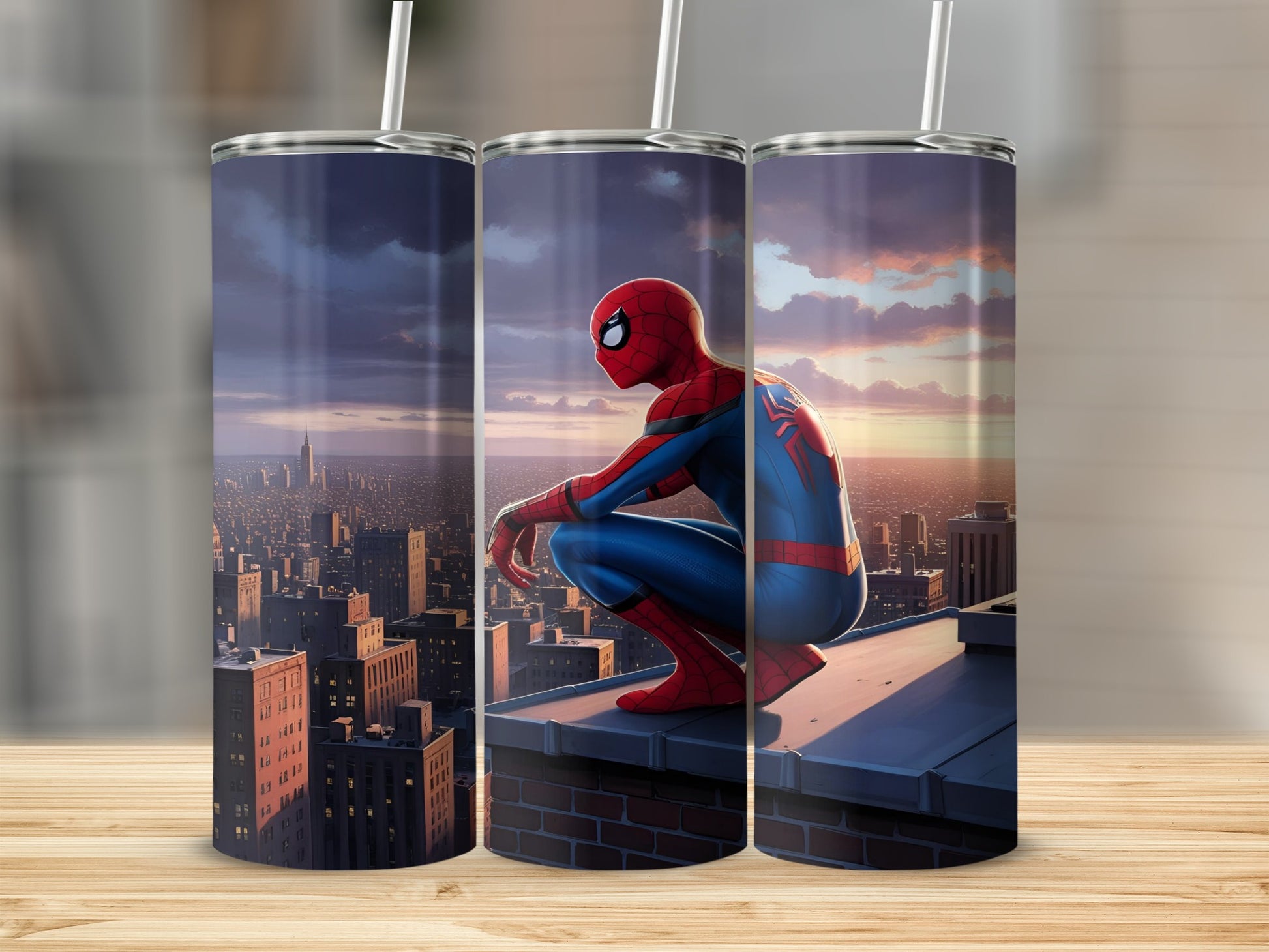 Spider-Man crouches on a rooftop overlooking a city at sunset.