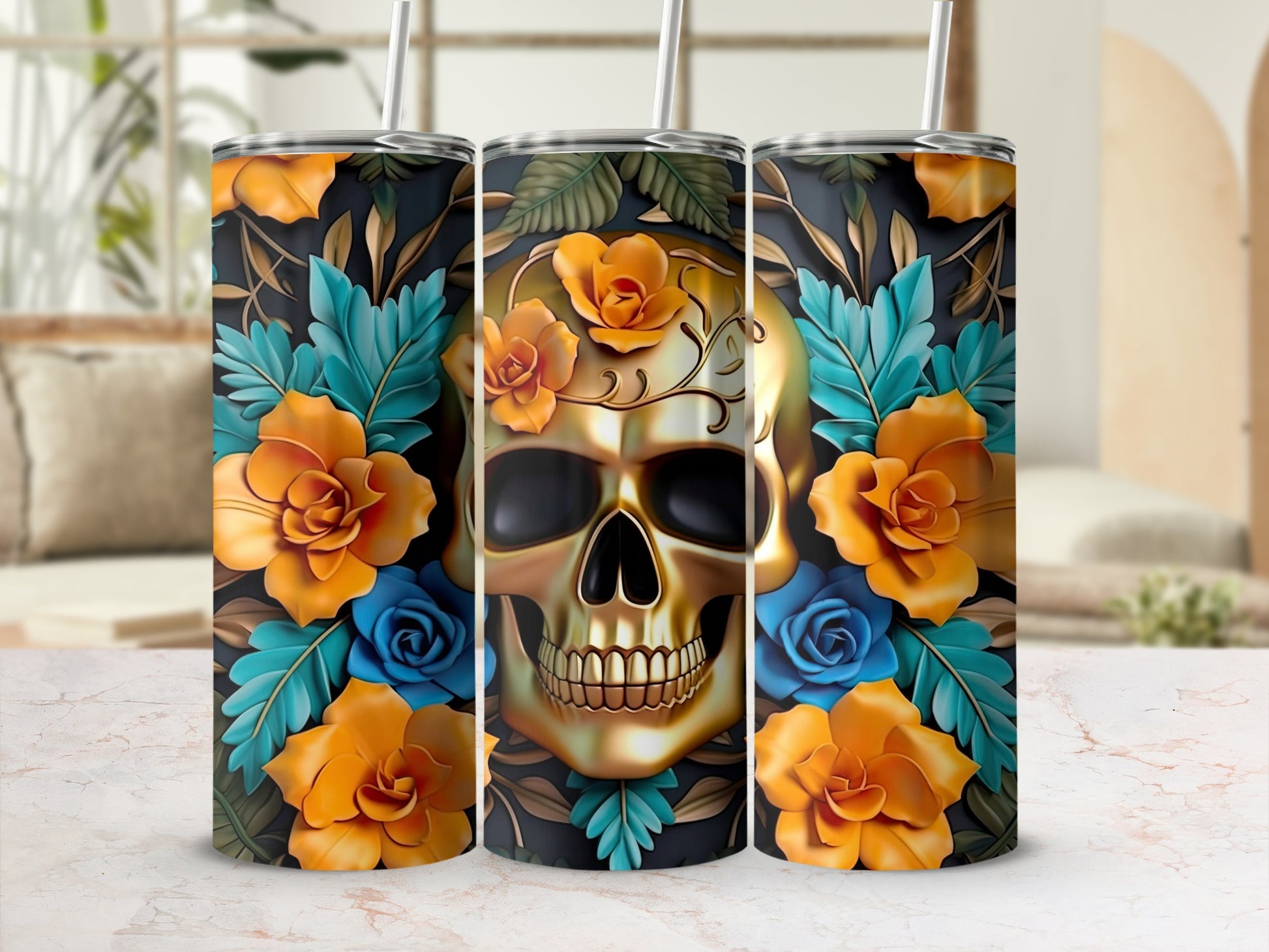 Gold skull surrounded by orange and blue flowers and green leaves.