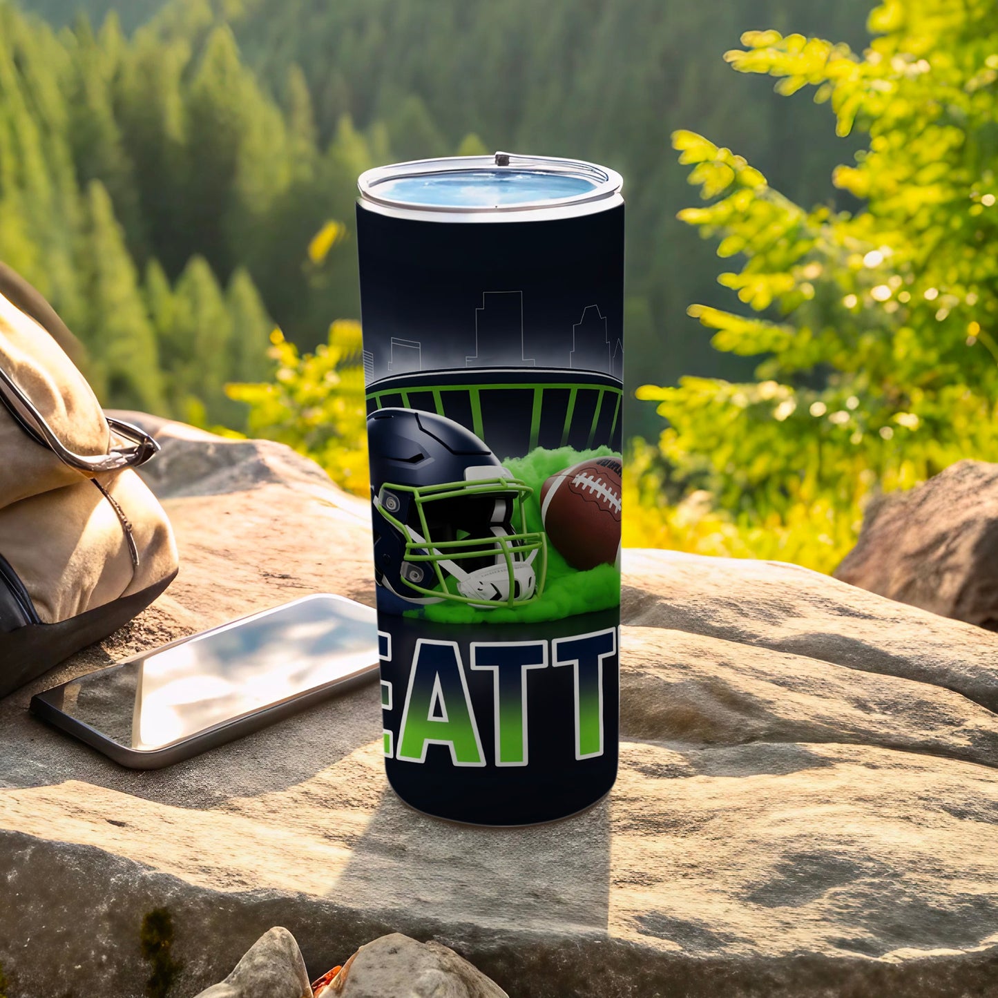 Seattle Seahawks football tumbler with helmet and football.