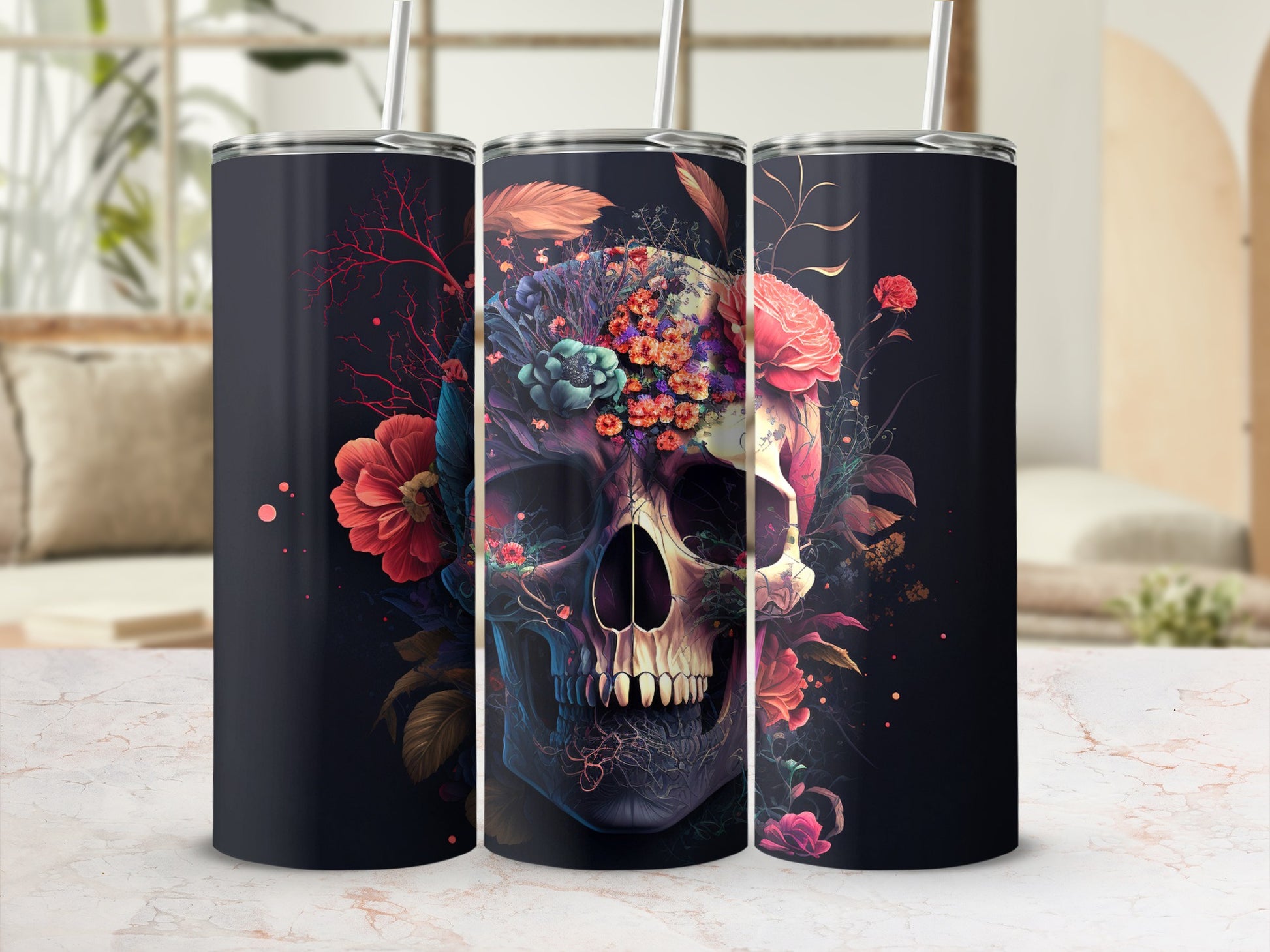 Colorful Skull with Floral Accents Tumbler