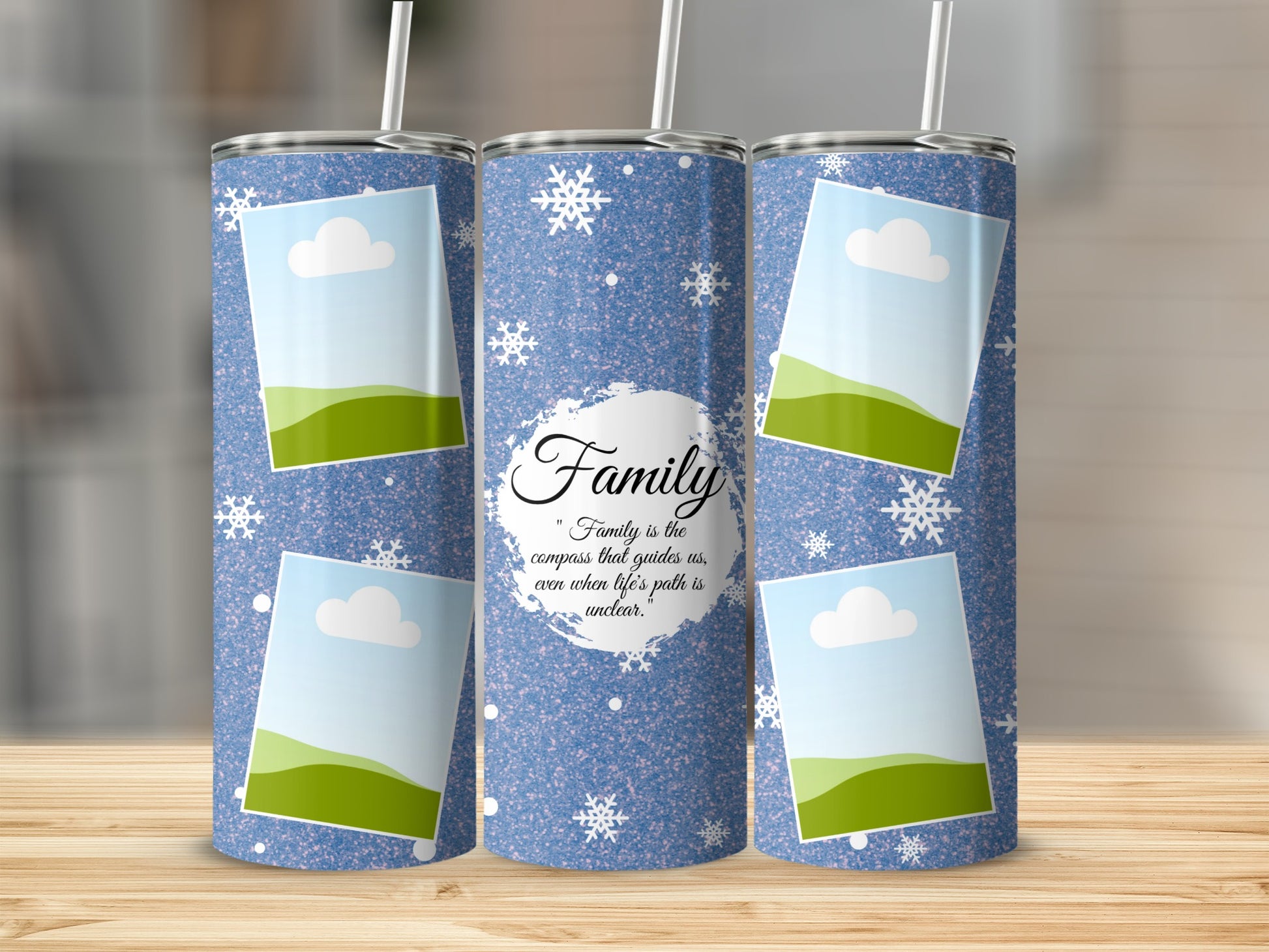 Blue speckled tumbler with snowflakes, photo frames, and "Family" quote.