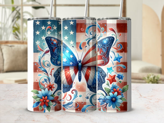 American flag butterfly and floral design on a white tumbler.