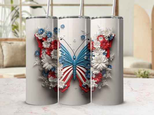 Butterfly design on three white tumblers, featuring red, white, and blue floral accents.