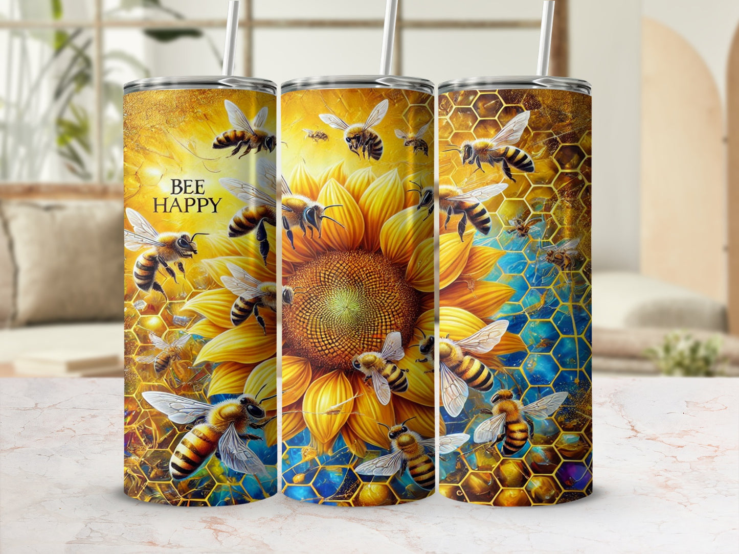 Bee Happy Sunflower and Honeybees Tumbler with Straw