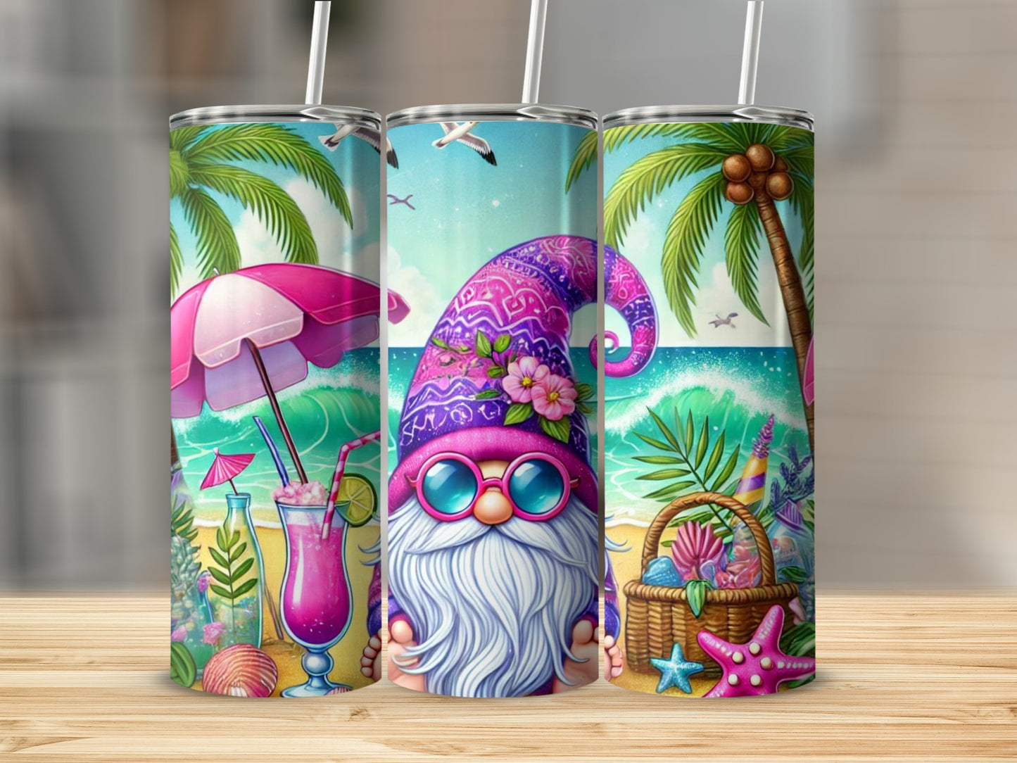 Gnome in sunglasses and pink hat with beach scene on three tumblers.